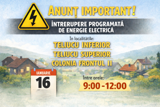 ANUNȚ IMPORTANT- ÎNTRERUPERE PROGRAMATĂ ENERGIE ELECTRICĂ