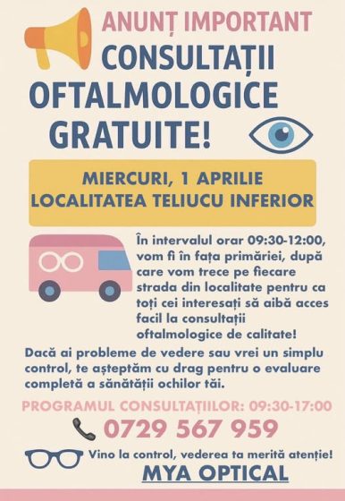 Caravana consultațiilor oftalmologice gratuite ajunge în comuna Teliucu Inferior!