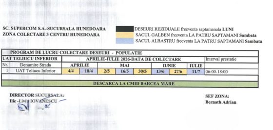 Program colectare deșeuri – UAT Teliucu Inferior (aprilie–iulie 2026)