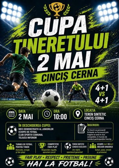 HAI LA FOTBAL! CUPA TINERETULUI SE JOACĂ LA CINCIȘ CERNA!
