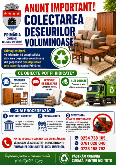 ANUNȚ IMPORTANT  Privind colectarea deșeurilor voluminoase