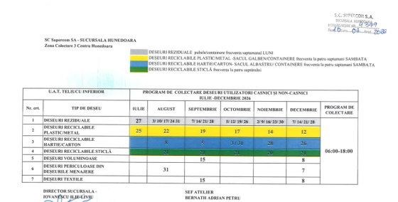 PROGRAM DE COLECTARE DEȘEURI IULIE-DECEMBRIE 2026